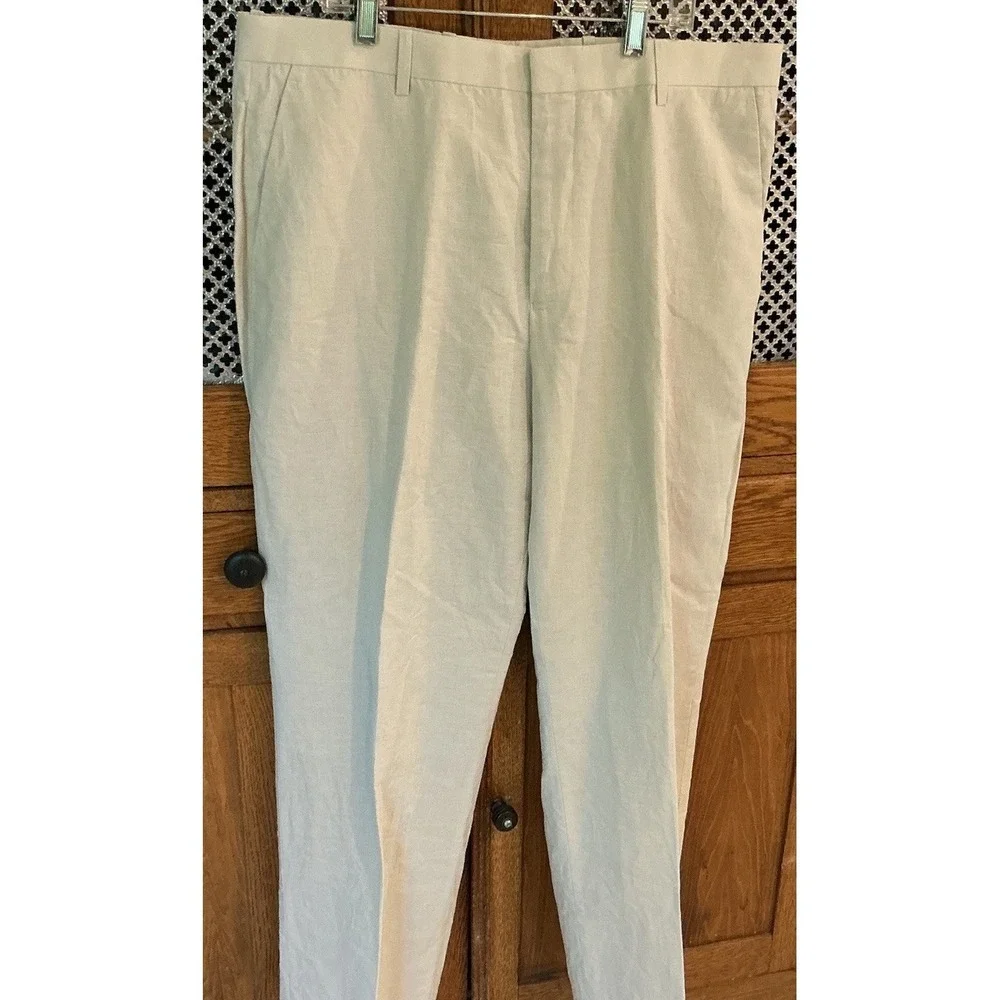 INC Pants Mens 36x32 Linen Blend Tan Flat Front Lightweight Comfort Classic